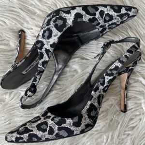 SOLD. Manolo Blahnik slingback leopard heels in monochrome